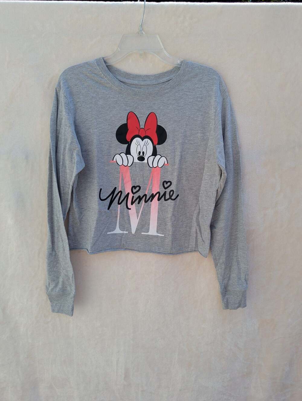 Disney Minnie Mouse Heather Gray Long Sleeve Cropped Crewneck Shirt